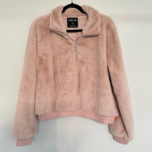 C'est Toi Sweaters - C’est Toi Blush Pink Faux Fur Quarter Zip Pullover Plus Size Sweater 1X